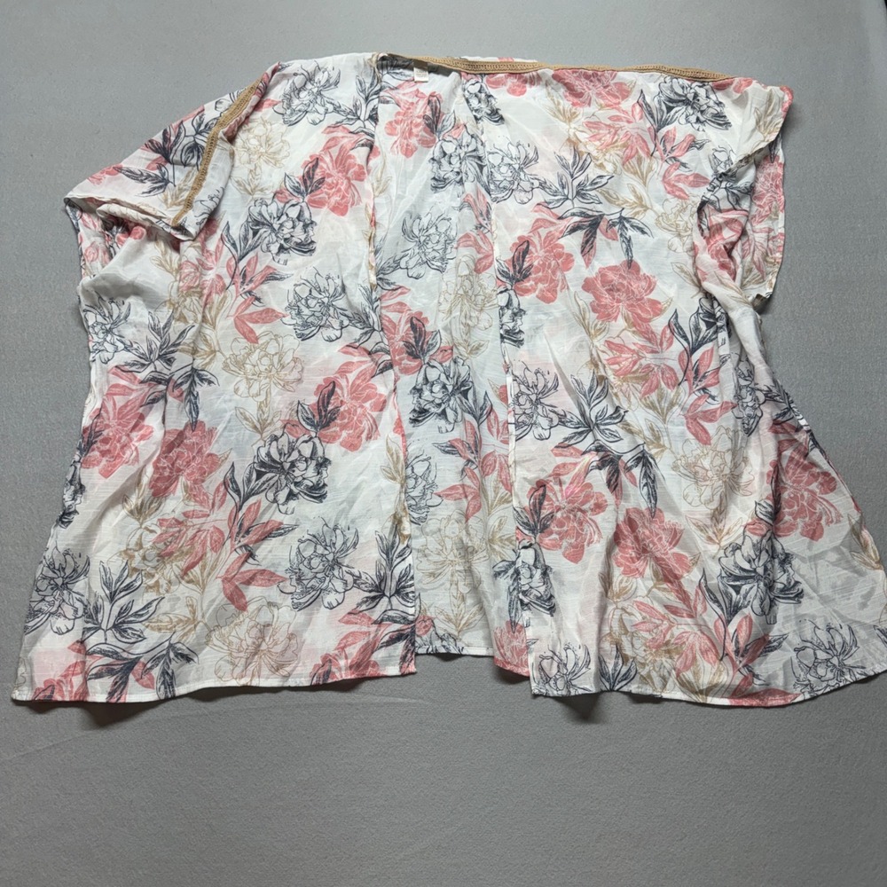 Cato Floral Kimono Cardigan One Size Pink Grey White Crochet Trim Open Front